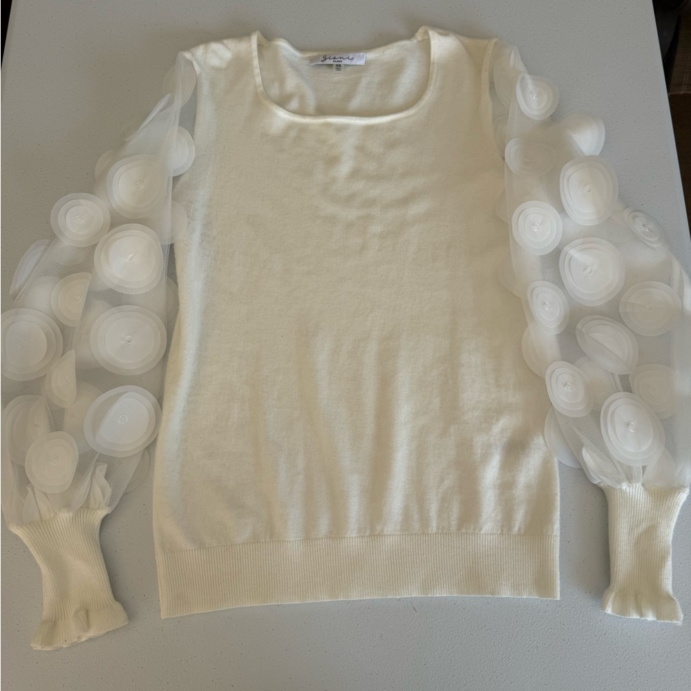SIONI MOCK NECK MESH APPLIQUE SLEEVE DETAIL SWEATER TOP BISHOP SHEER FLORAL XS